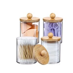 4 Pack Qtip Holder Dispenser with Bamboo Lids Clear Plastic Bathroom Storage
